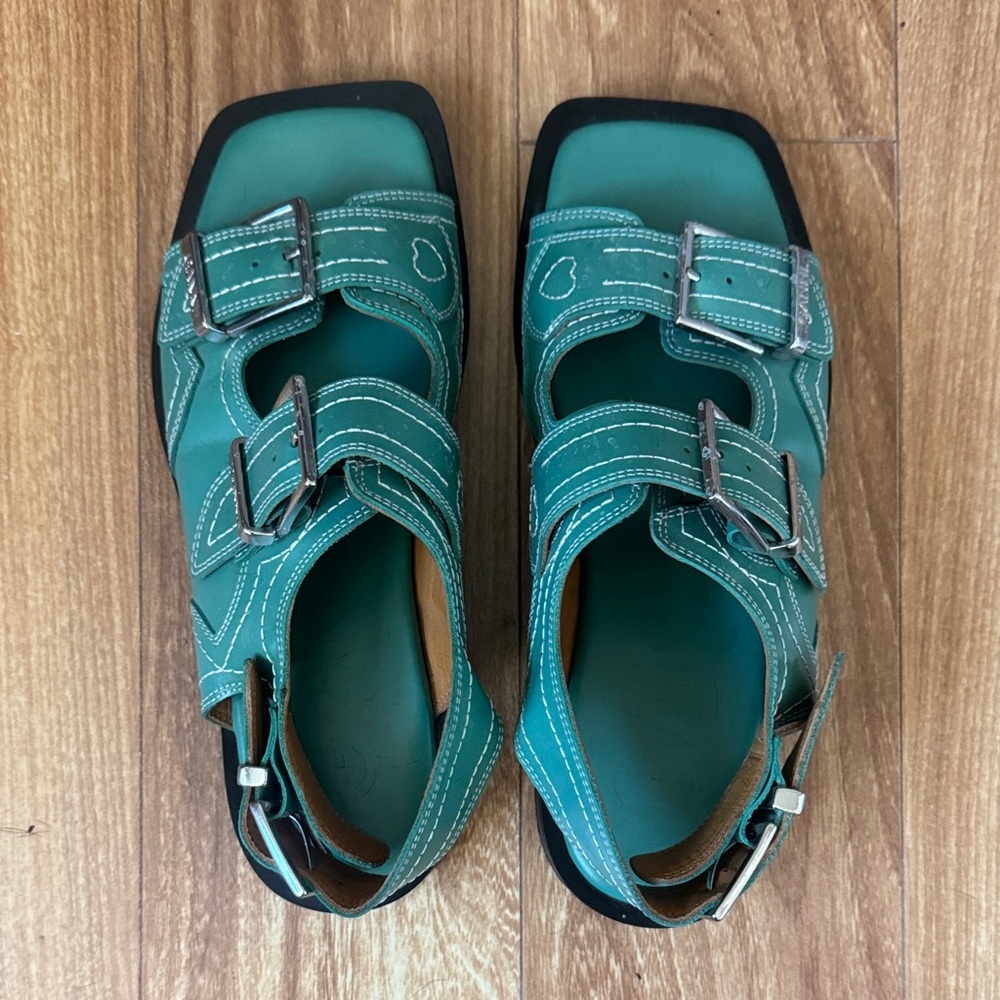 Ganni Teal Double Buckle Square-Toe Flat Sandals Heart embroidery